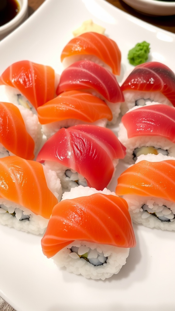 An elegant platter of sushi nigiri featuring salmon and tuna on rice, accompanied by soy sauce and wasabi.
